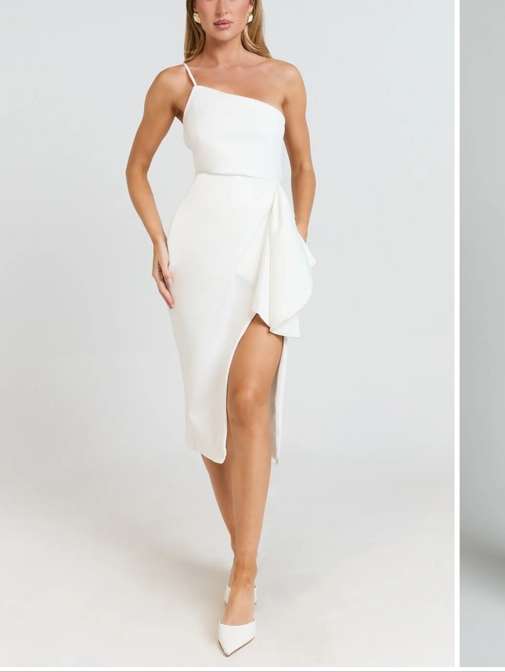 Showpo Marcelita White One-Shoulder Asymmetric Midi Dress Faux Wrap Size 8 New